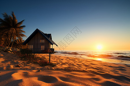 海边日落下的度假屋背景
