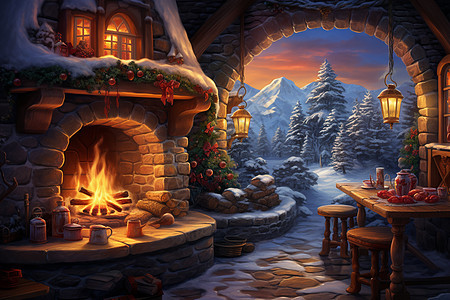 雪中的温馨假日小屋背景图片