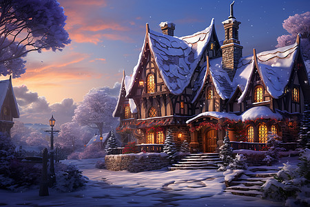 冬夜温馨乡村小屋背景图片