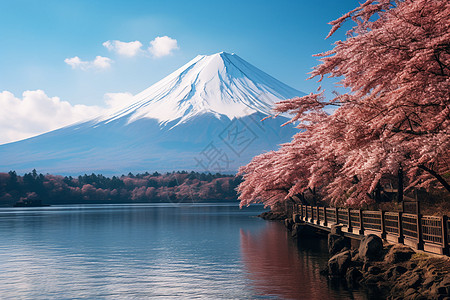 冬日富士雪山映湖图片