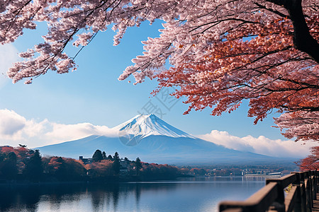 日本神社富士山樱花山与湖泊背景