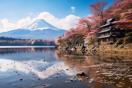 日本富士山樱花富士山前湖泊美景背景