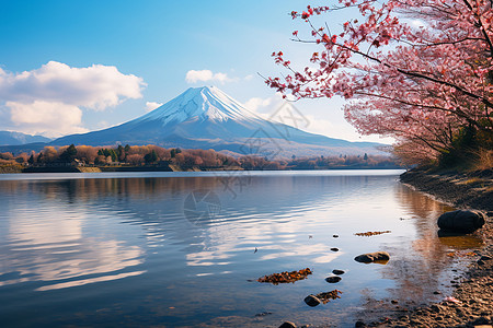 富士山下的湖景图片