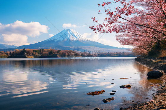 富士山下的湖景图片