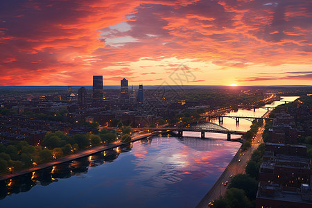 日落下的城市与一条河流图片