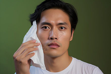 男子用湿巾擦拭脸颊图片