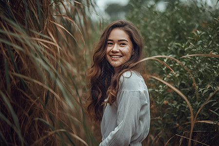 草丛间欢笑的女人背景图片