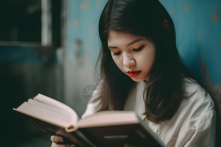 蓝墙书房中读书的女子高清图片