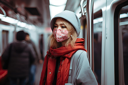 地铁上围围巾的女性图片