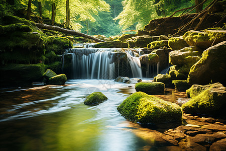 翠绿森林中流淌着的小溪背景图片
