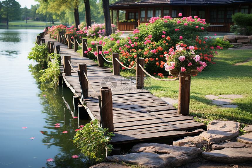 湖畔小屋的花园景色图片