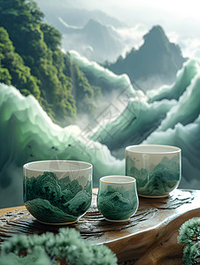 山脉中的山水茶杯图片