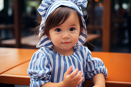 蓝白条纹的可爱女孩背景图片