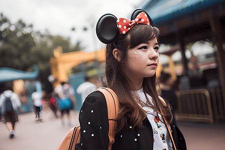 戴着米妮老鼠头的女人背景图片