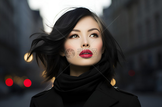 城市街头的红唇黑衣女子图片