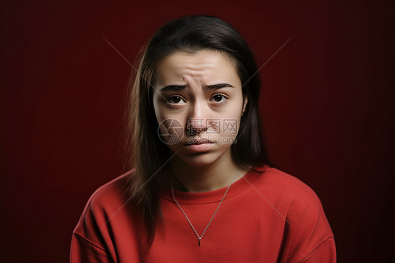 红色圆领衫中的悲伤女子图片