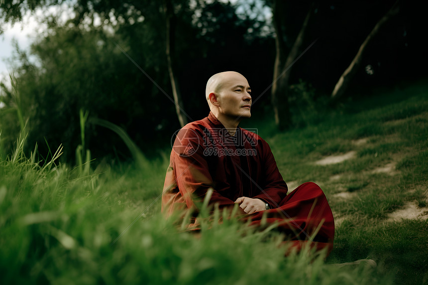 光头男人坐在草地上图片