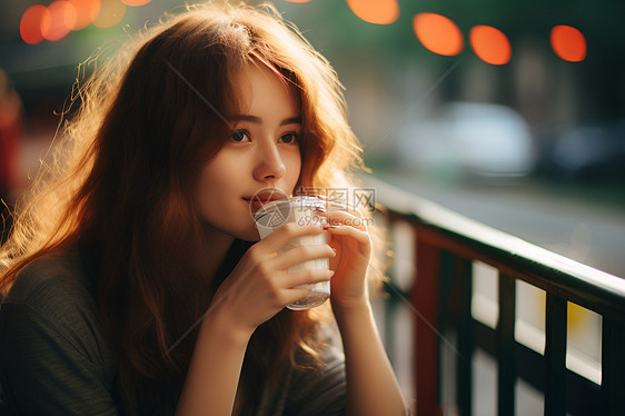 女子饮着咖啡图片