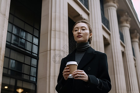 街头人像女士手持咖啡背景