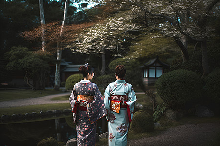 花园小区穿着和服的女性背景