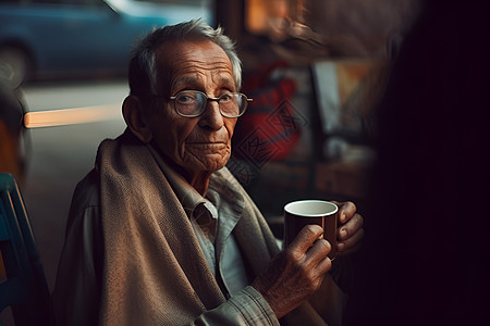 安静喝咖啡的老人图片