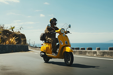 电动滑板车男子骑黄色摩托车背景