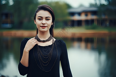 项链女人湖边黑裙美女背景