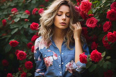 女士在红玫瑰丛中背景图片