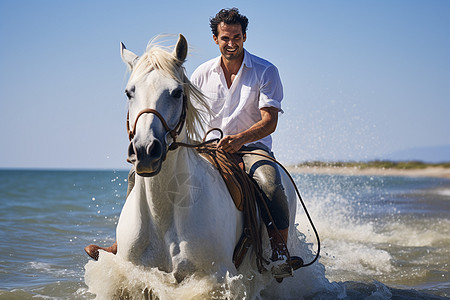 海滩上一个骑士骑马驰骋在水中蓝天碧海为背景图片