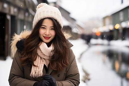 女士帽子女子微笑对着镜头背景