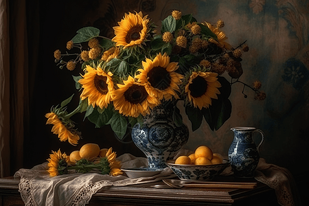 放在桌子上的向日葵花束图片