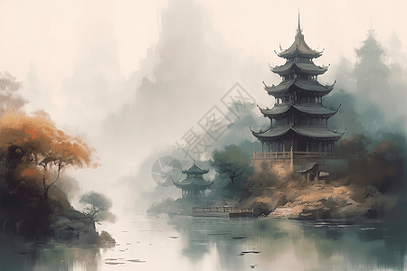 薄雾中的中国宝塔图片