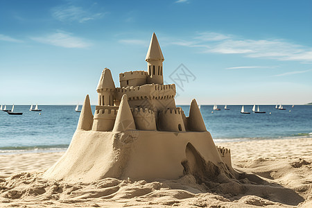 碧海蓝天的夏季海滩沙堡景观图片