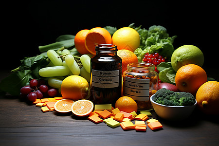 五彩斑斓的蔬菜和药品图片