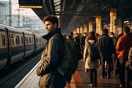 火车站里的背包男人背景图片