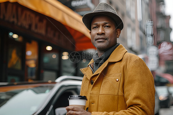 街道中拿着咖啡的男人图片