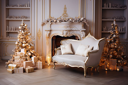 圣诞节布置室内的沙发和圣诞树背景