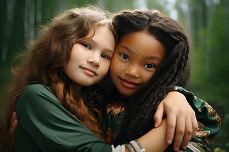 两个女孩在森林中拥抱图片