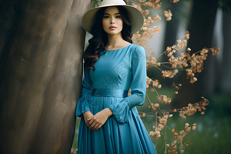 大树下戴着草帽的蓝裙女子图片