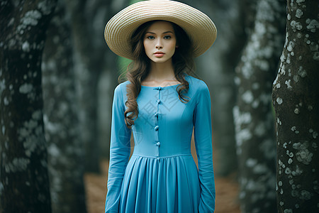 蓝裙女子戴着草帽图片