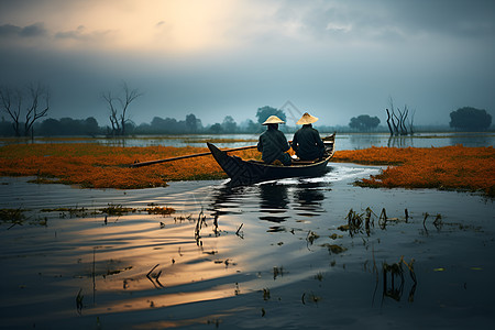 湖面小舟上的渔民图片