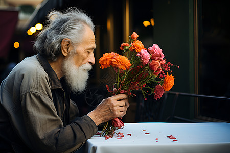 老人在闻花藏在花香中高清图片