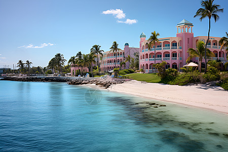 酒店加盟海边的粉红色建筑背景