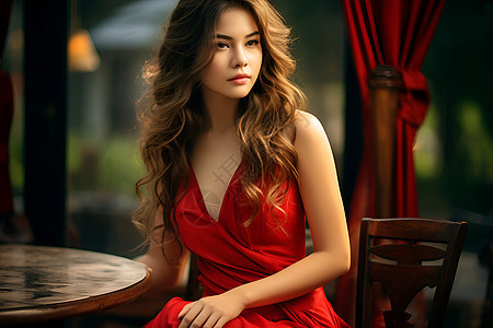 女子穿着红色连衣裙图片