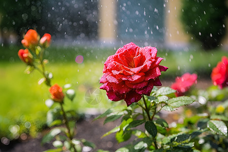 草坪上的红玫瑰背景图片