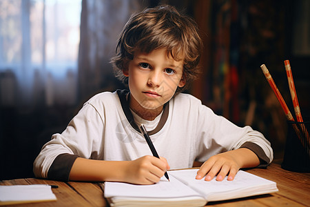 书桌上写作业的外国小男孩背景图片
