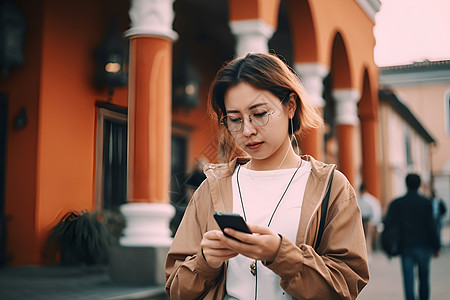 女子边走边使用手机图片