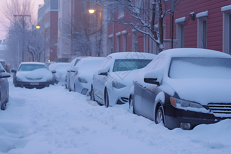 暴雪中的车辆停放街道图片
