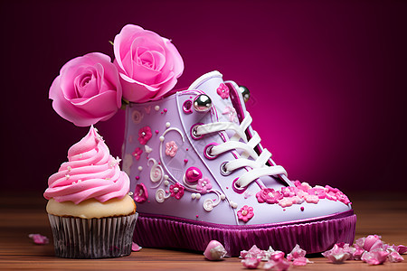 粉色玫瑰鞋和小蛋糕图片