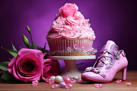 粉色高跟鞋粉色的蛋糕背景